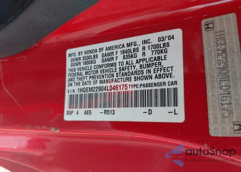 2004 Honda Civic Ex z USA, uszkodzony, nr VIN 1HGEM22904L046175